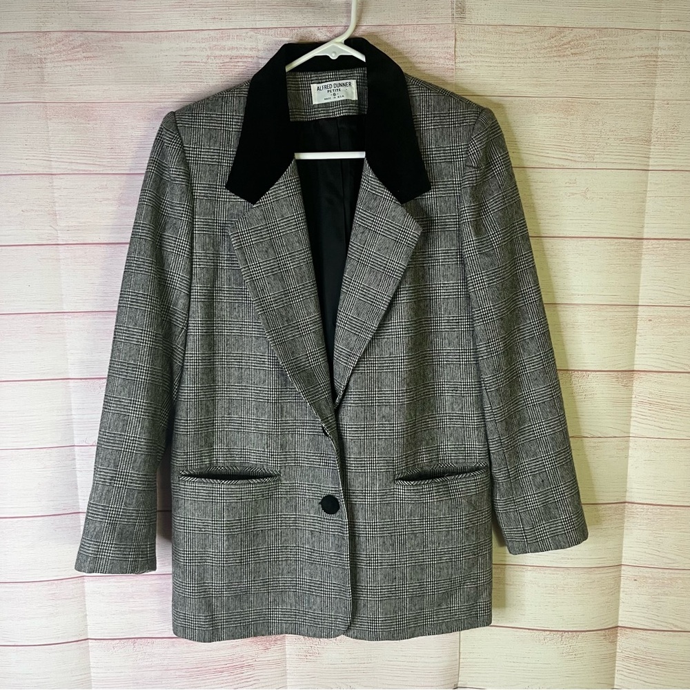 Alfred Dunner VGT Houndstooth Wool Blend Black Velvet Collar‎ Button Blazer 6P